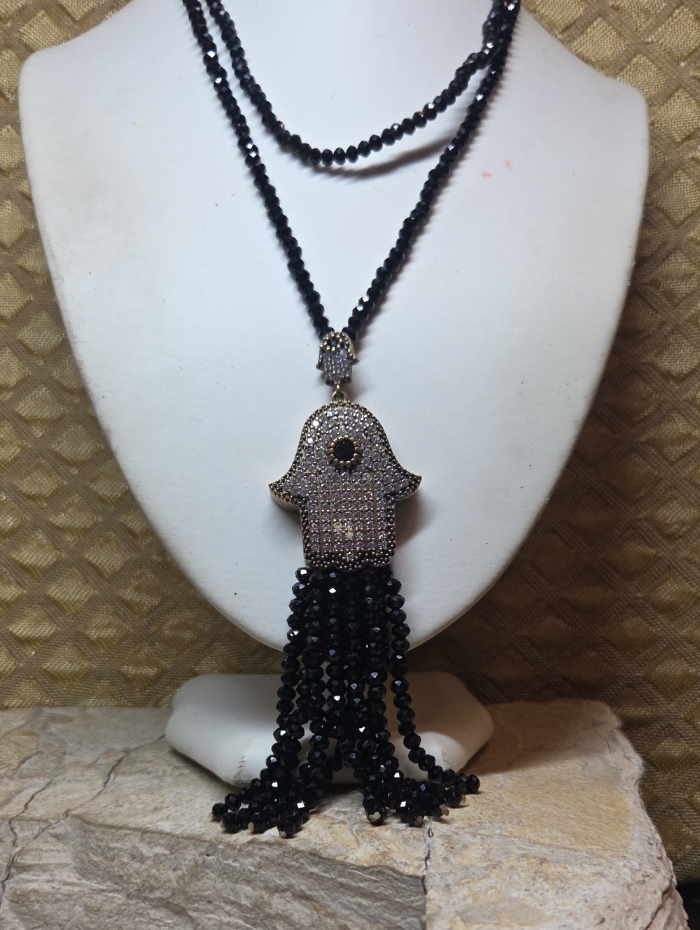 Black Crystal Hamsa Pendant Necklace - Designer Style Evil Eye Protection